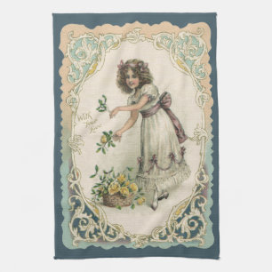 Vintage Valentine's Day, Victorian Girl with Roses Kitchen Towel