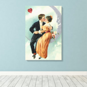 Vintage Valentine's Day Victorian Kiss on the Moon Canvas Print