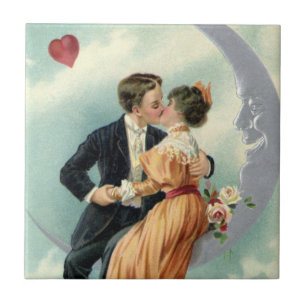 Vintage Valentine's Day Victorian Kiss on the Moon Tile