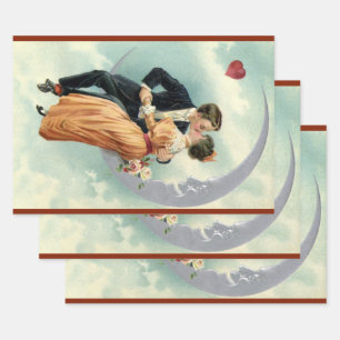 Vintage Valentine's Day Victorian Kiss on the Moon Wrapping Paper Sheet