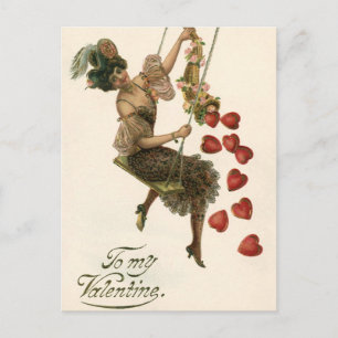 Vintage Valentine's Day, Victorian Lady on a Swing Holiday Postcard