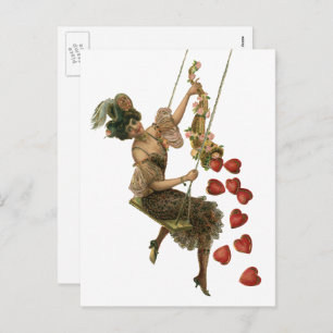 Vintage Valentine's Day, Victorian Lady on a Swing Holiday Postcard