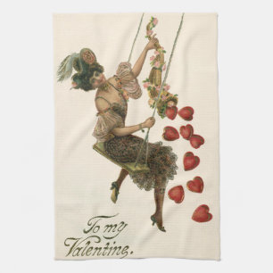 Vintage Valentine's Day, Victorian Lady on a Swing Kitchen Towel