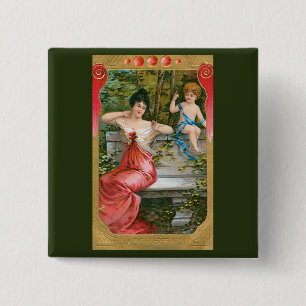 Vintage Valentines Day, Victorian Lady with Cherub 2 Inch Square Button