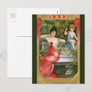 Vintage Valentines Day, Victorian Lady with Cherub Holiday Postcard
