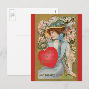 Vintage Valentines Day, Victorian Lady with Heart Holiday Postcard