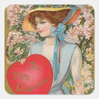 Vintage Valentines Day, Victorian Lady with Heart Square Sticker