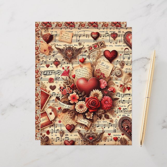 Vintage Valentines Ephemera Scrapbook Paper (Front/Back In Situ)