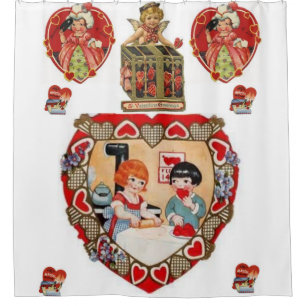 vintage valentines red white showercurtain