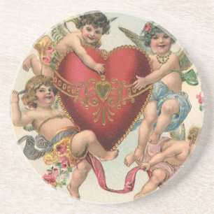 Vintage Valentines, Victorian Angels Cherubs Heart Coaster