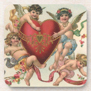 Vintage Valentines, Victorian Angels Cherubs Heart Coaster