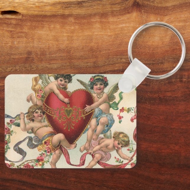 Vintage Valentines, Victorian Angels Cherubs Heart Keychain (Front)
