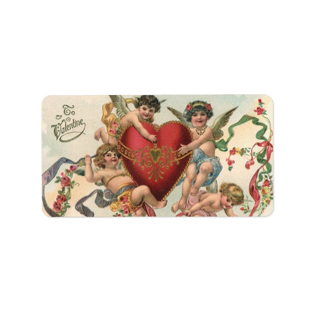 Vintage Valentines, Victorian Angels Cherubs Heart Label (Front)