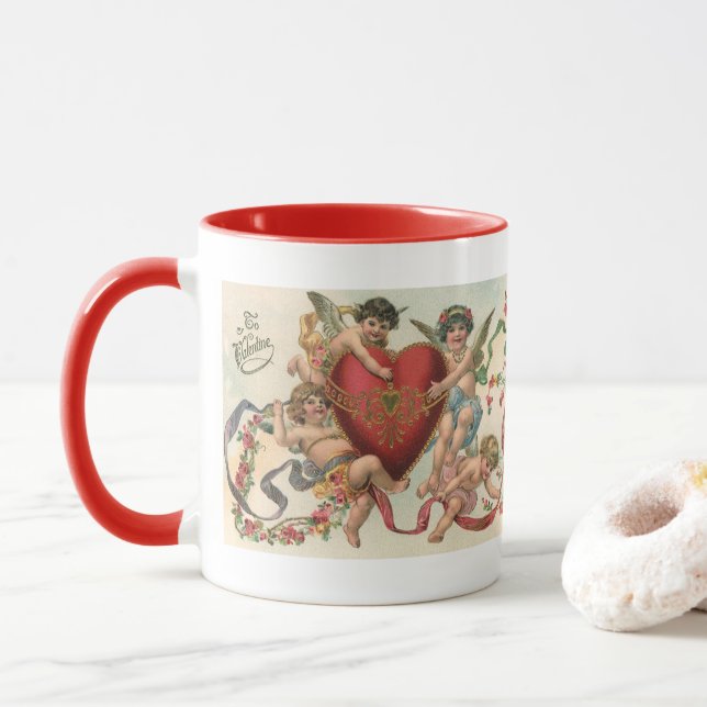 Vintage Valentines, Victorian Angels Cherubs Heart Mug (With Donut)