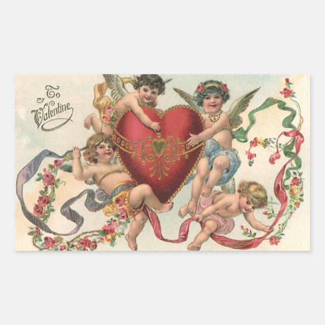 Vintage Valentines, Victorian Angels Cherubs Heart Sticker (Front)