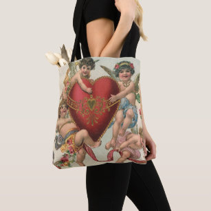 Vintage Valentines, Victorian Angels Cherubs Heart Tote Bag
