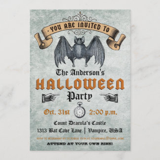 Vintage Vampire Bat Halloween Invitation