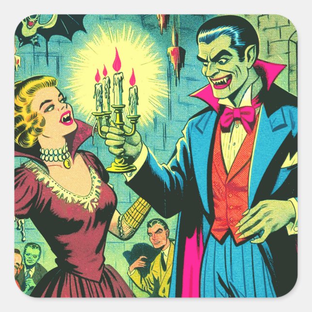 Vintage Vampire Horror Comics Square Sticker (Front)