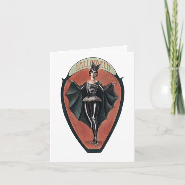 Vintage Vampire Skeleton Woman Halloween Card (Front)