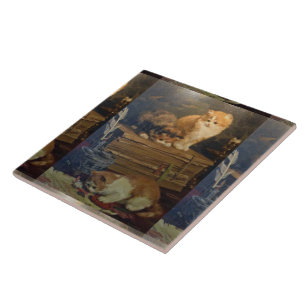 Vintage Van den Eycken Three Cats on a Desk Tile