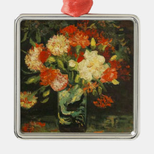 Vintage Van Gogh Flowers Red Vase with Carnations Metal Ornament