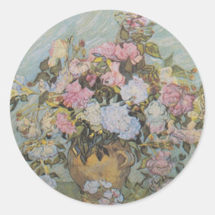 Vintage Van Gogh Vase with Pink Roses Classic Round Sticker