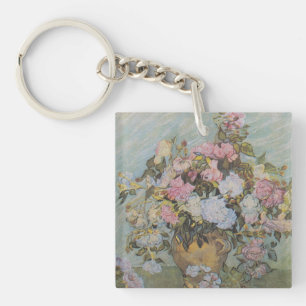 Vintage Van Gogh Vase with Pink Roses Keychain
