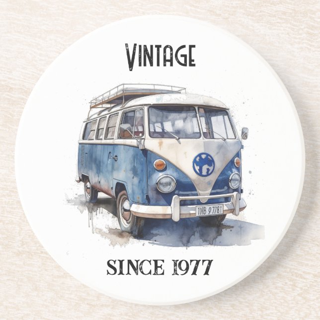 Vintage Van in Delft Blue customizable Coaster (Front)