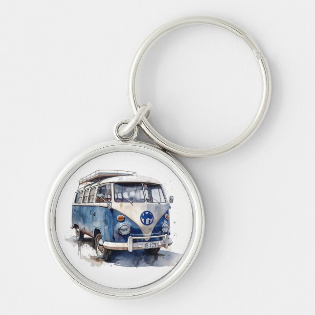 Vintage Van in Delft Blue customizable Keychain (Front)