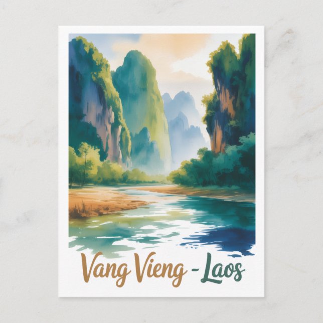  Vintage Vang Vieng Laos Travel Art Postcard (Front)