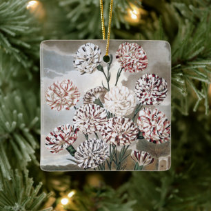 Vintage Variegated Carnation Flowers with Grey Sky Ceramic Ornament