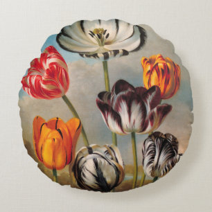 Vintage Variegated Tulip Flowers in a Landscape Round Pillow