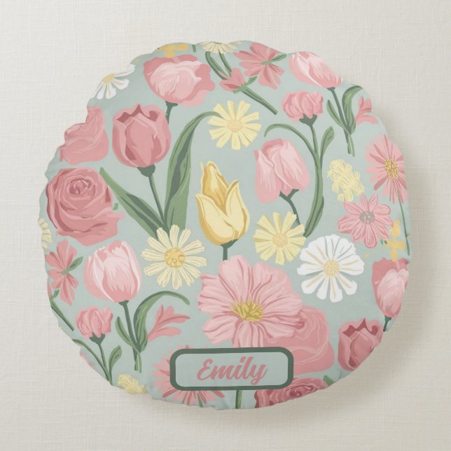 Vintage Various Stages Of Bloom Round Pillow (Front)