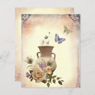 Vintage Vase Flower peacock butterfly Scrapbook
