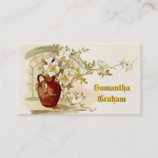 Vintage vase with white roses watercolor business card