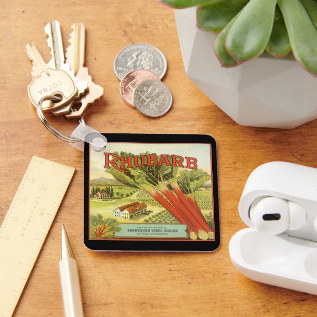 Vintage Vegetable Can Label Art, Rhubarb Farm Keychain (Desk)