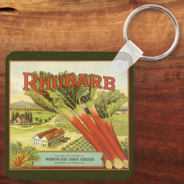 Vintage Vegetable Can Label Art, Rhubarb Farm Keychain (Back)