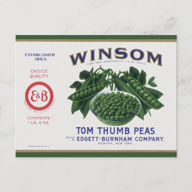 Vintage Vegetable Can Label Art, Winsom Peas Postcard (Front)