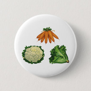 Vintage Vegetables; Carrots, Cauliflower, Lettuce 2 Inch Round Button