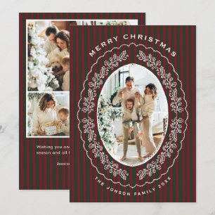 Vintage Velvet Christmas Red Green Striped 5 Photo Holiday Card