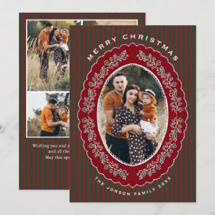 Vintage Velvet Christmas Red Green Striped 5 Photo Holiday Card
