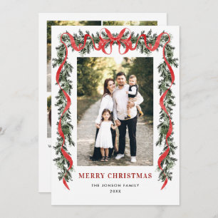 Vintage Velvet Green Stripped Red Bow 5 Photo Holiday Card