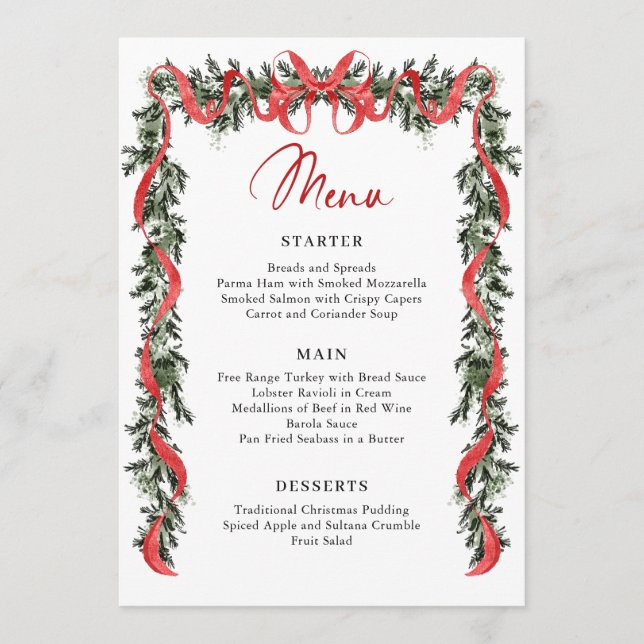 Vintage Velvet Red Bow Ribbon Christmas Party Menu (Front)