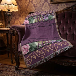 Vintage Velvet Victorian Purple Floral Tapestry Throw Blanket