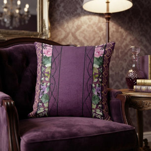 Vintage Velvet Victorian Purple Floral Tapestry Throw Pillow