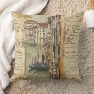 Vintage Venice Canal with Handwritten Script Throw Pillow
