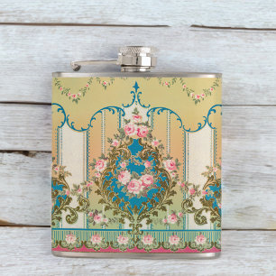 Vintage Versailles Rococo Stylish Pink Roses Gold Hip Flask