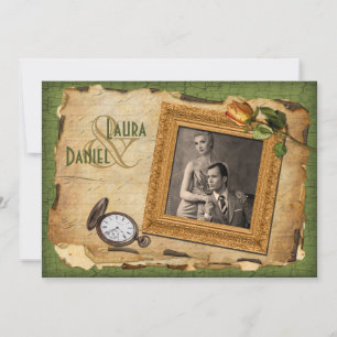 Vintage Vert, Gold Frame Photo Wedding Invitation 