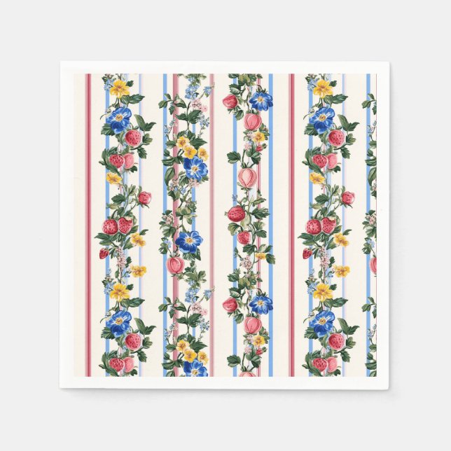 Vintage Vertical Strawberry Floral Stripe Pattern Napkin (Front)
