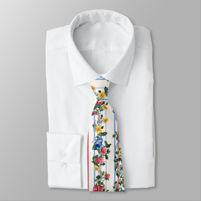 Vintage Vertical Strawberry Floral Stripe Pattern Tie (Tied)